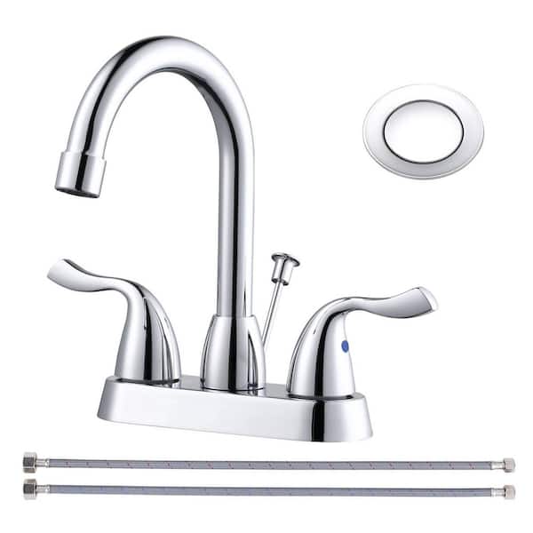 Modern Double Handle 4 in. Centerset Bathroom Faucet with Lift Rod Drain Assembly in Polished Chrome