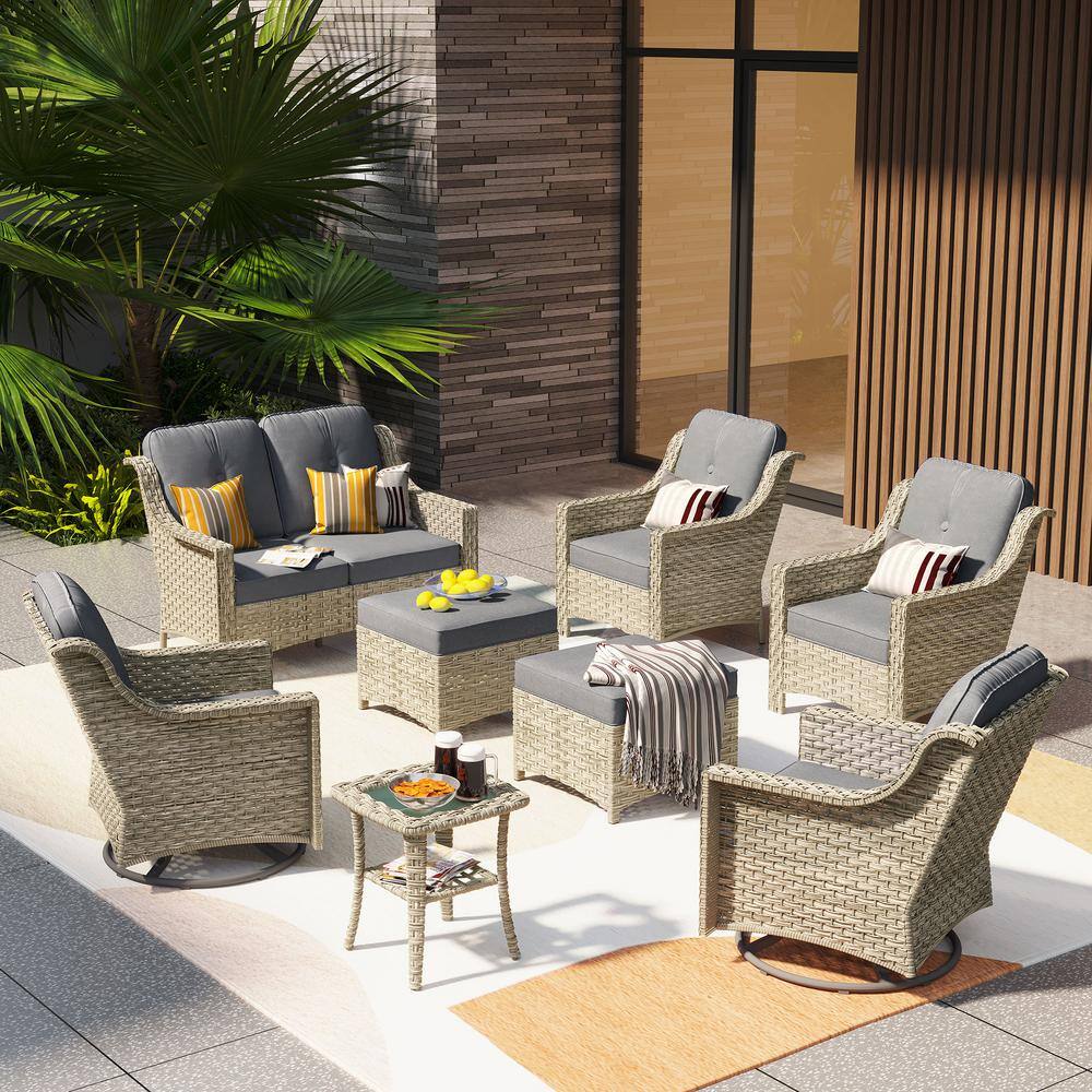 Leila 8-Piece Wicker Patio Conversation Seating Sofa Set with Drak Gray Cushions and Swivel Rocking Chairs price history on PriceWatchPro