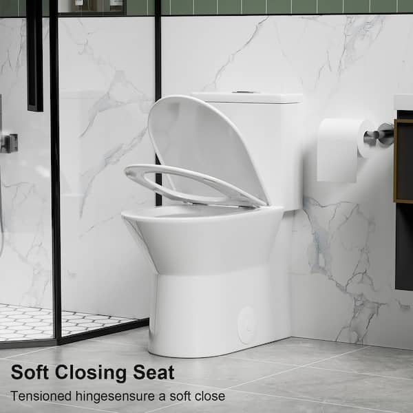 Powerful Dual-Flush Elongated 1-Piece Toilet in Gloss White with Rimless Bow Soft Closing Seat 12 in. Rough-In