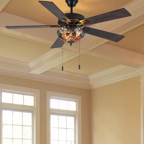 Halston 52 in. 3-Light Oil Rubbed Bronze Tiffany Stained Glass Ceiling Fan with Light Kit
