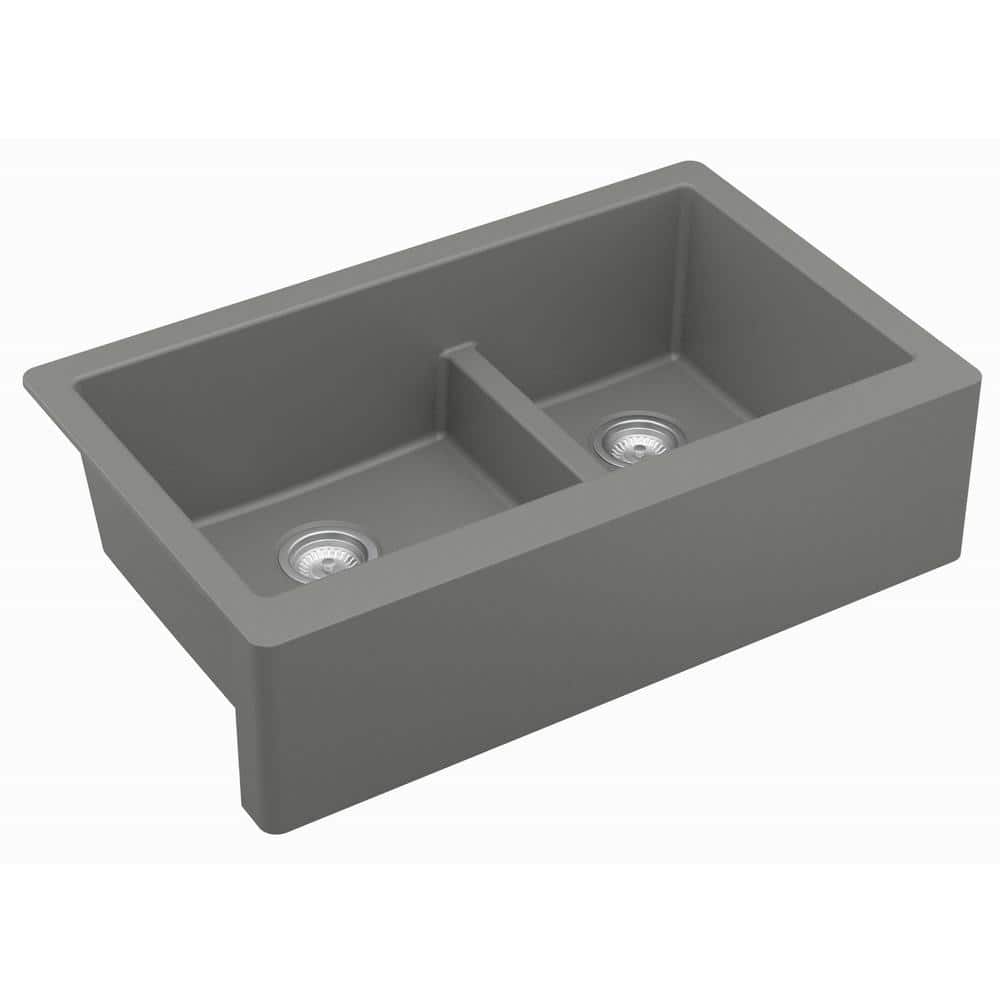 Gray Quartz 34'' Double Bowl Farmhouse Kitchen Sink Kit