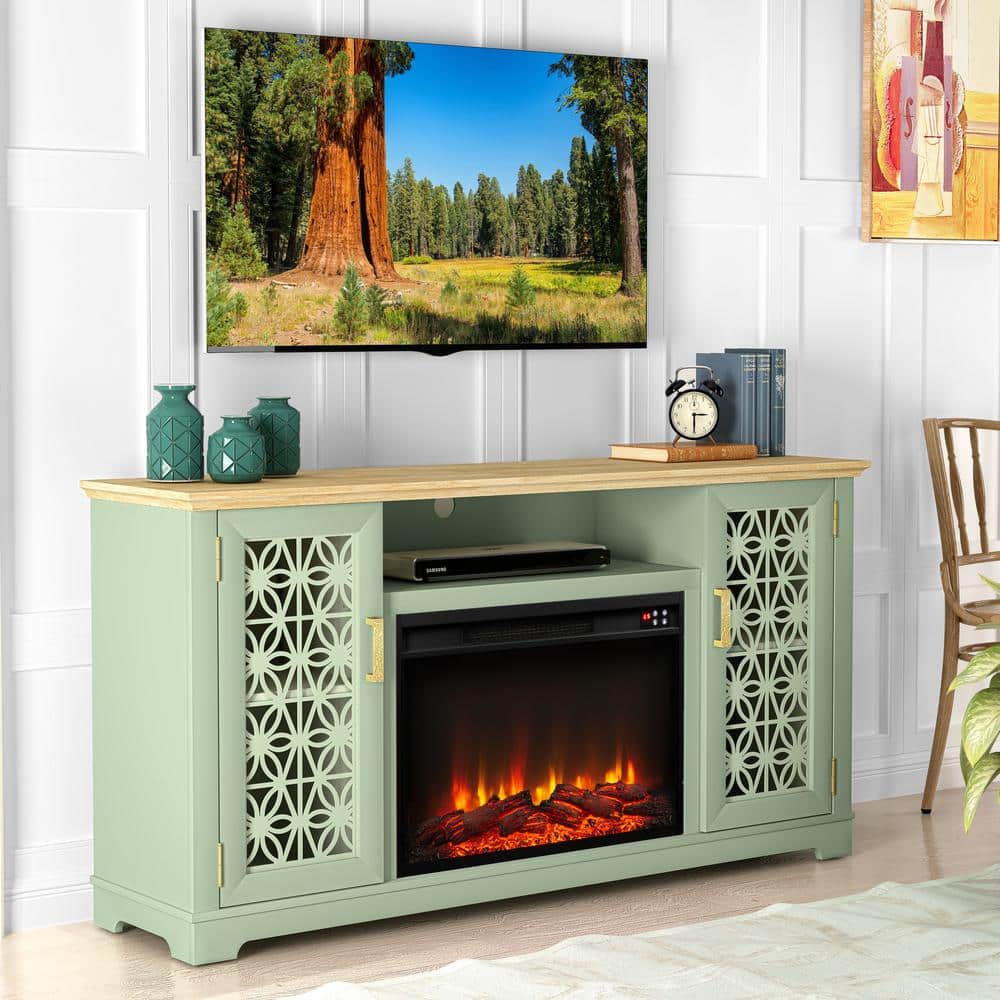 Green Farmhouse TV Stand with Electric Fireplace for 65" TVs