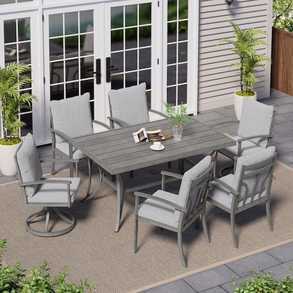 ChillPavilion Urban Oasis Gray 7-Piece Aluminum Outdoor Dinning Set with 2-Swivel Chairs and Gray Cushions