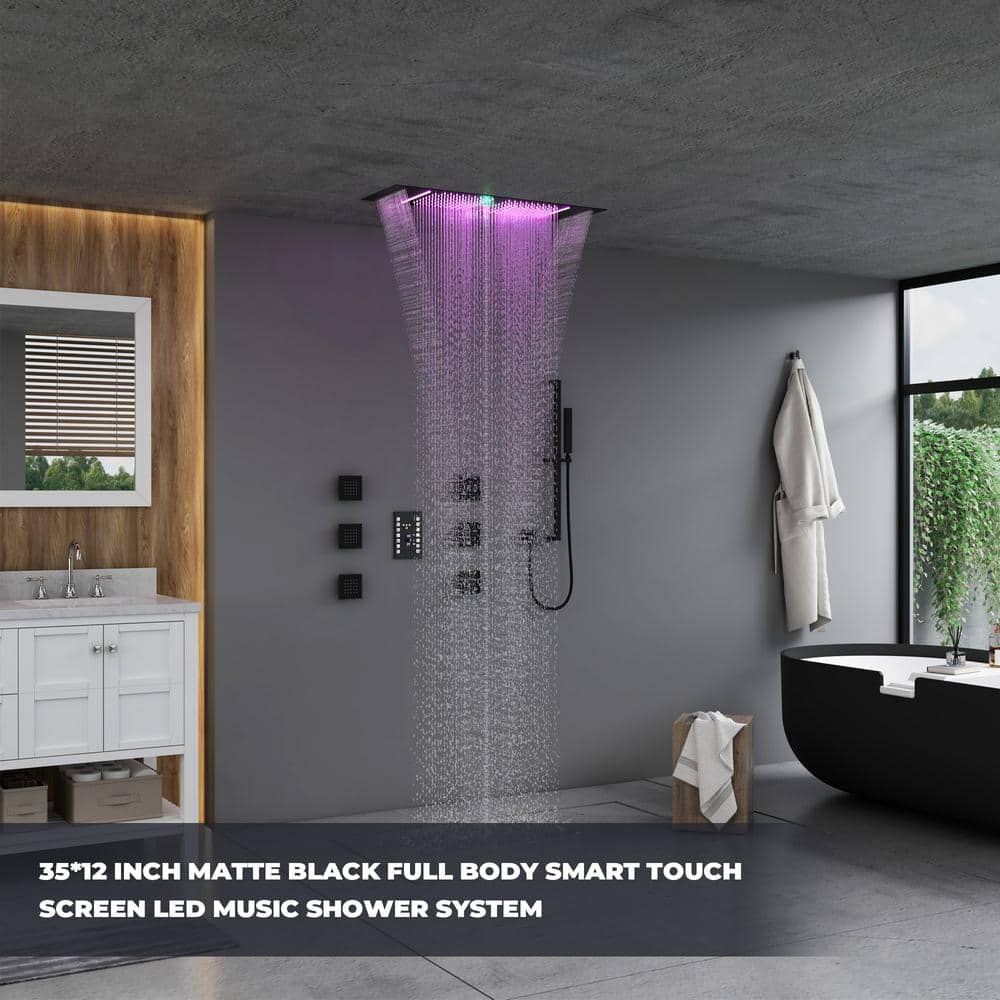 Matte Black Stainless Steel LED Bluetooth Music Rainfall Shower System