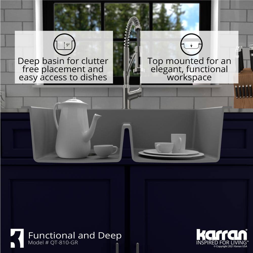 Gray Quartz 33'' Double Bowl Drop-In Kitchen Sink