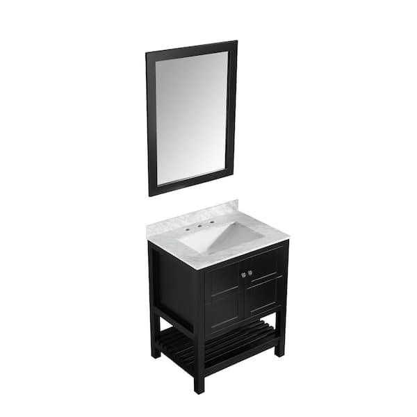 ANZZI Montaigne 30 in. W x 22 in. D Bath Vanity in Black with Marble Vanity Top in Carrara White with White Basin and Mirror