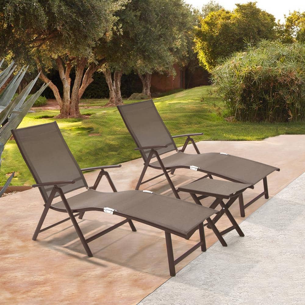 Brown Aluminum Adjustable Folding Patio Chaise Lounge Set