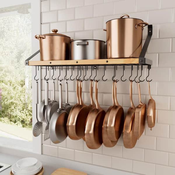 34 in. Wall Mounted Pot Rack with 20 Hooks, 66 lbs. Capacity, Solid Wood Support, Fits 16 in. Studs, Matte Black