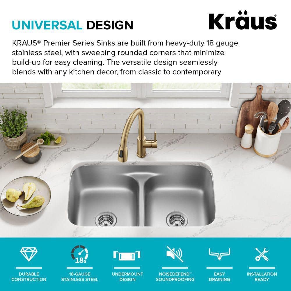 Premier 32-inch Satin Stainless Steel Double Bowl Undermount Sink