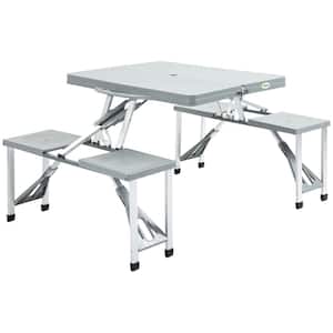 Gray Folding Rectangle Aluminum Picnic Table 53.25 in. Portable Outdoor Camping Table with Seat and Umbrella Hole