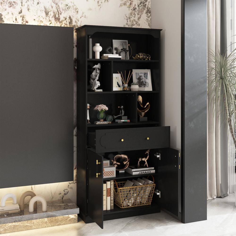 71 in. Tall Standard Bookcase with Drawers and Doors, Black Wood Material 3-Tier Bookcase, Storage Organizer Cabinet