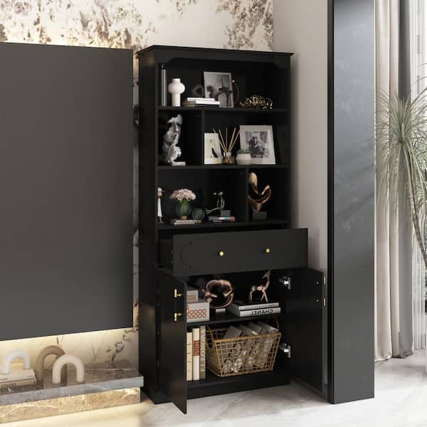 FUFU&GAGA 71 in. Tall Standard Bookcase with Drawers and Doors, Black Wood Material 3-Tier Bookcase, Storage Organizer Cabinet