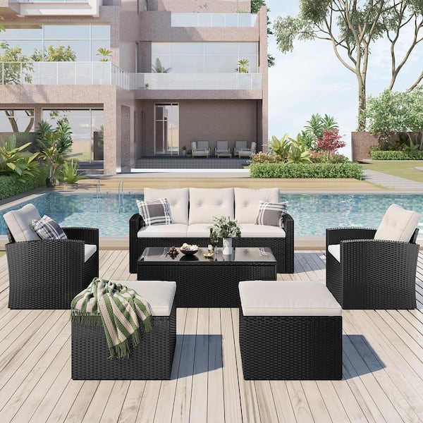 Tenleaf 6-Piece Black All-Weather Wicker Patio Conversation Set with Beige Cushions, Coffee Table, Ottomans