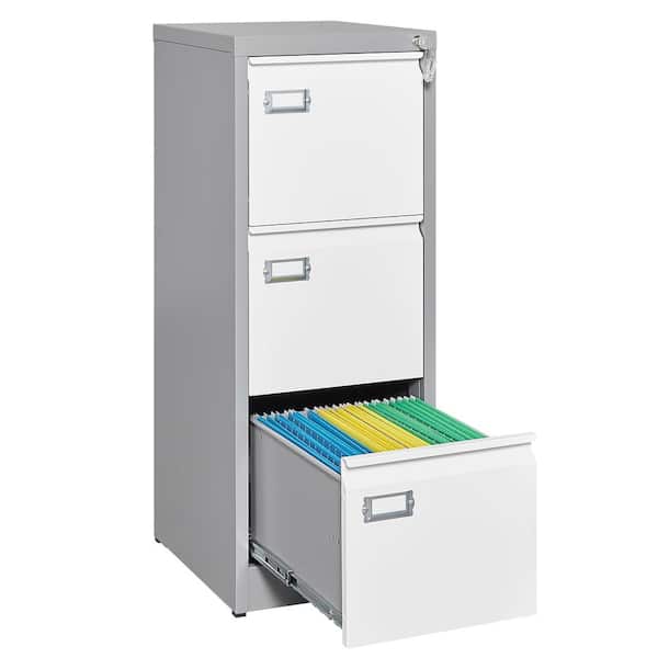 LISSIMO 17.79 in. W x 40.55 in. H x 15.12 in. D 3 Drawers Grey & White Steel Freestanding Cabinet File Storage Cabinet with Lock