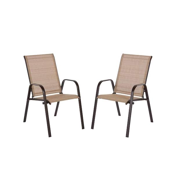 Hampton Bay Mix and Match Brown Stackable Sling Outdoor Dining Chair in Cafe (2-Pack)