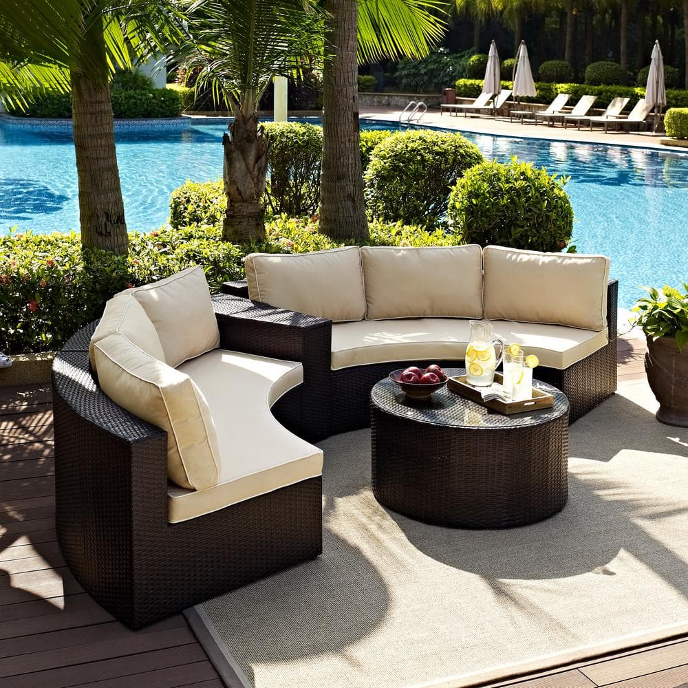 Crosley Catalina 4 Piece Wicker Outdoor Sectional Set With Sand Cushions Ko70035br The Home Depot - Capilano Curved All Weather Wicker Patio Sectional Sofa Set