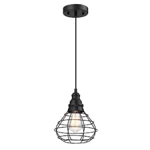 1-Light Matte Black Mini Chandelier with Steel Cage Shade