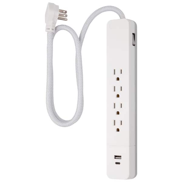GE 4-Outlet 1 USB-A 1 USB-C Surge Protector with 3 ft. Braided Cord, White