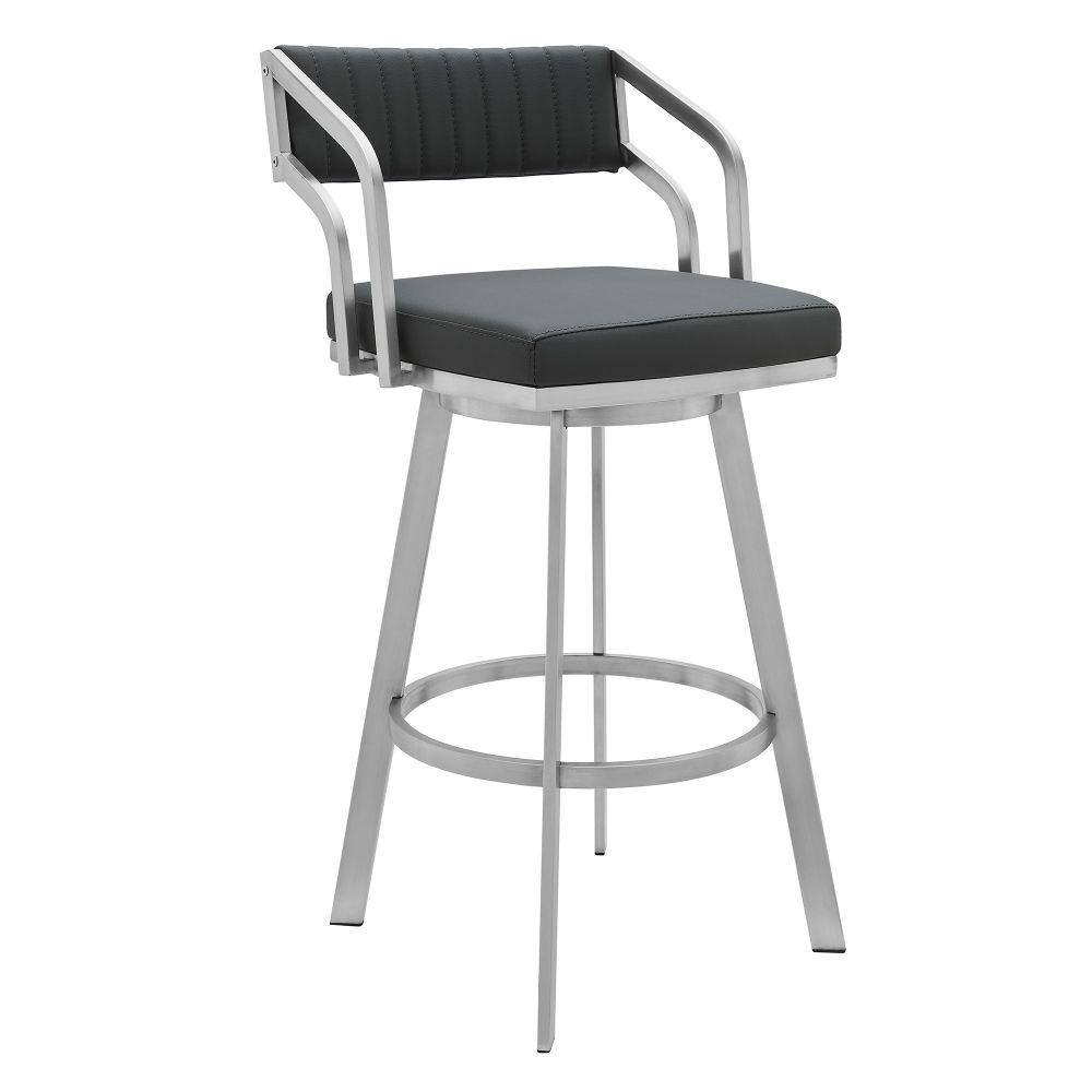 Benjara Blake 40 in. Gray Low Back Metal Frame Swivel Bar Stool with Vegan Faux Leather Seat