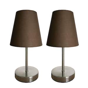 10 in. Sand Nickel Mini Basic Table Lamp with Brown Shades (Set of 2)