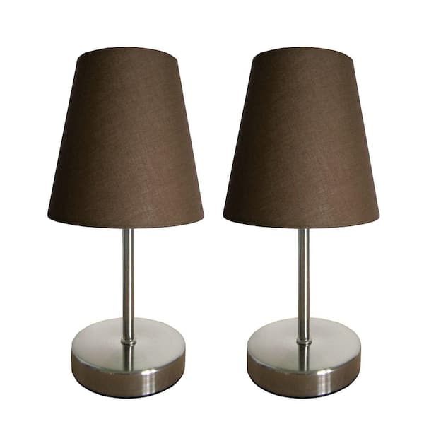 Simple Designs 10 in. Sand Nickel Mini Basic Table Lamp with Brown Shades (Set of 2)