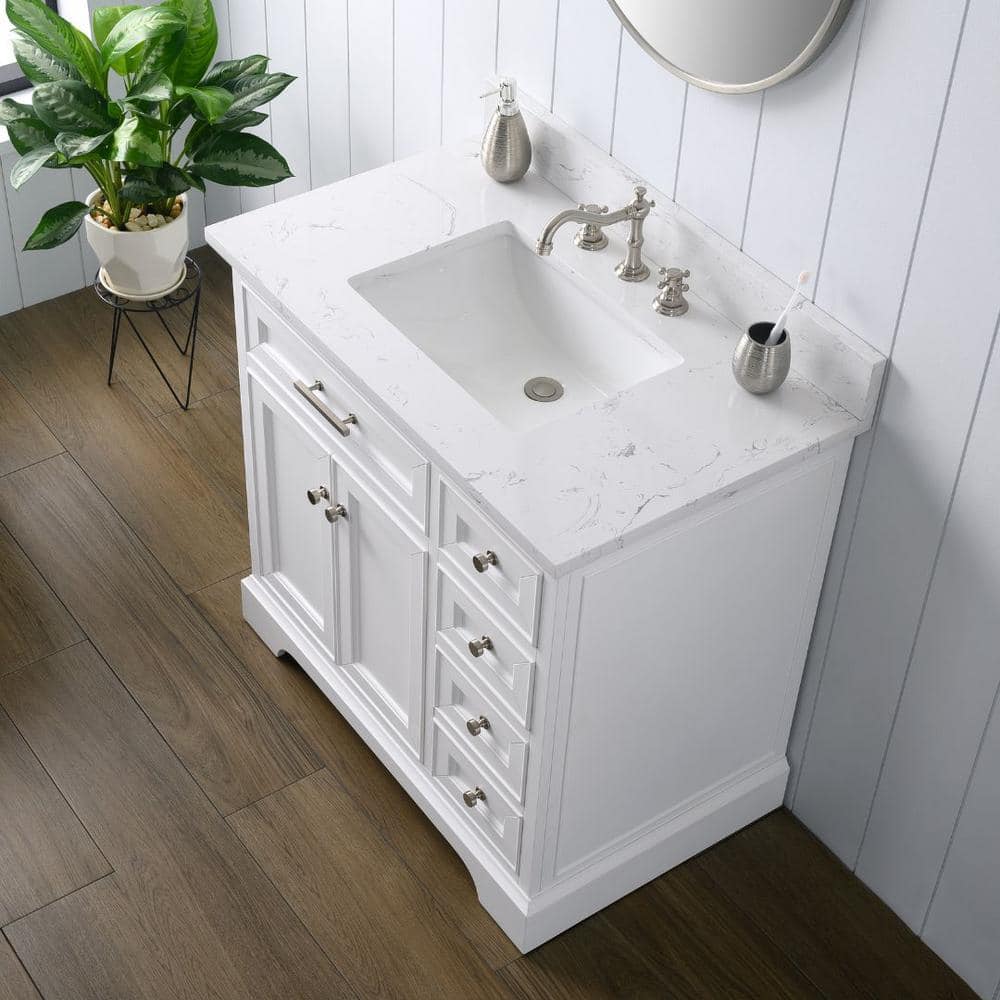 Thompson 36" White Freestanding Bathroom Vanity with Carrara Countertop