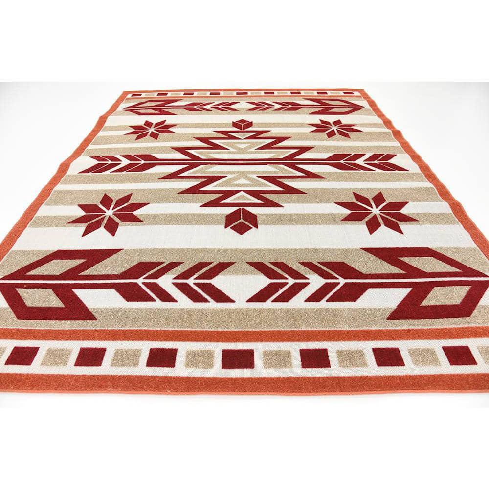 Burgundy and Beige Geometric 8' x 10' Outdoor Area Rug