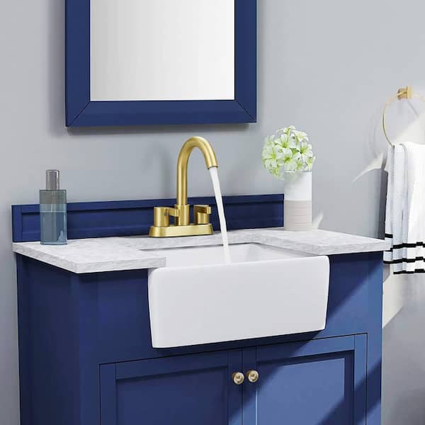 Staykiwi 4 in. Centerset Double Handle Mid Arc Bathroom Faucet with Drain Kit Included in Brushed Gold
