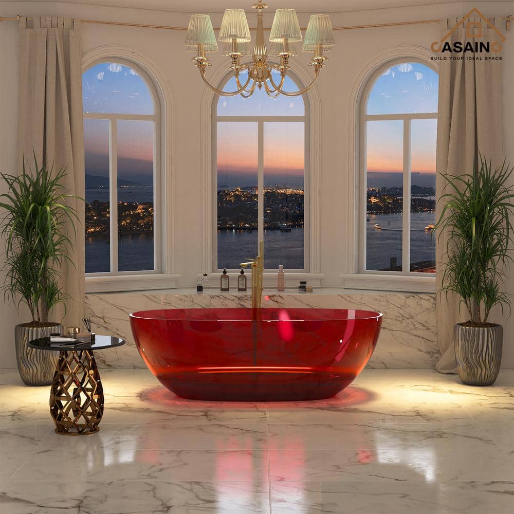 67'' Wine Red Transparent Resin Freestanding Soaking Bathtub