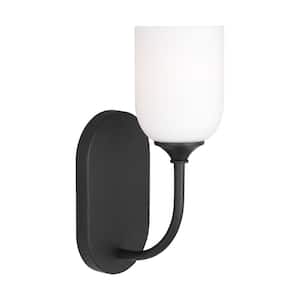 Emile Small 4.625 in. 1-Light Midnight Black Bathroom Vanity Light with White Etched Glass Shade