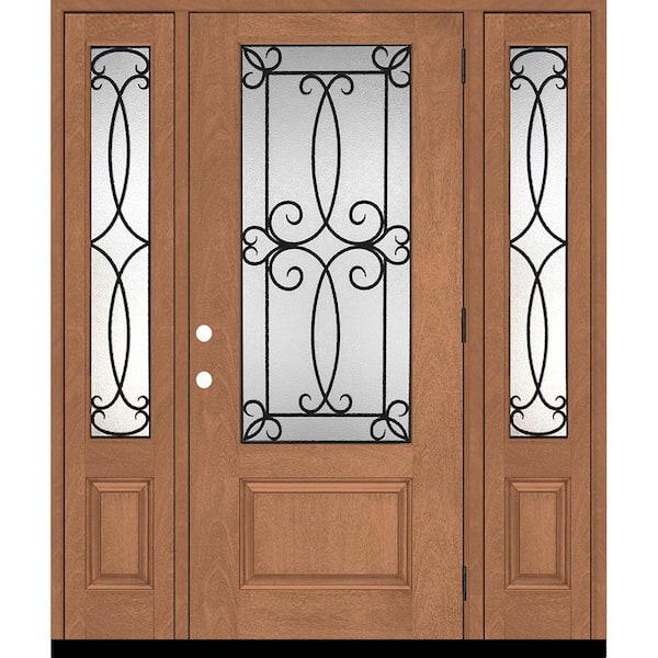 Steves & Sons Regency 68 in. x 80 in. Georgian Decorative Glass LHOS 3/4Lite AW Mahogany Fiberglass Prehung Front Door w/Dbl14in.SL