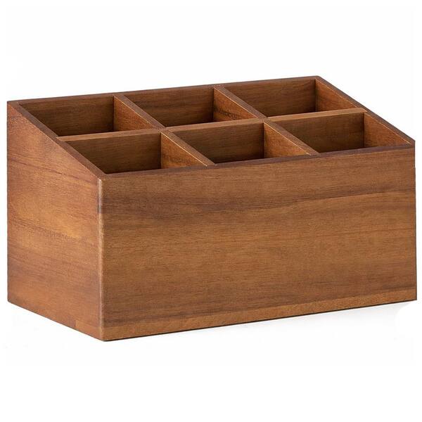 Acacia Wood Utensil Holder Kitchen Organizer with 6 Compartments and Adjustable Dividers for Countertop Storage