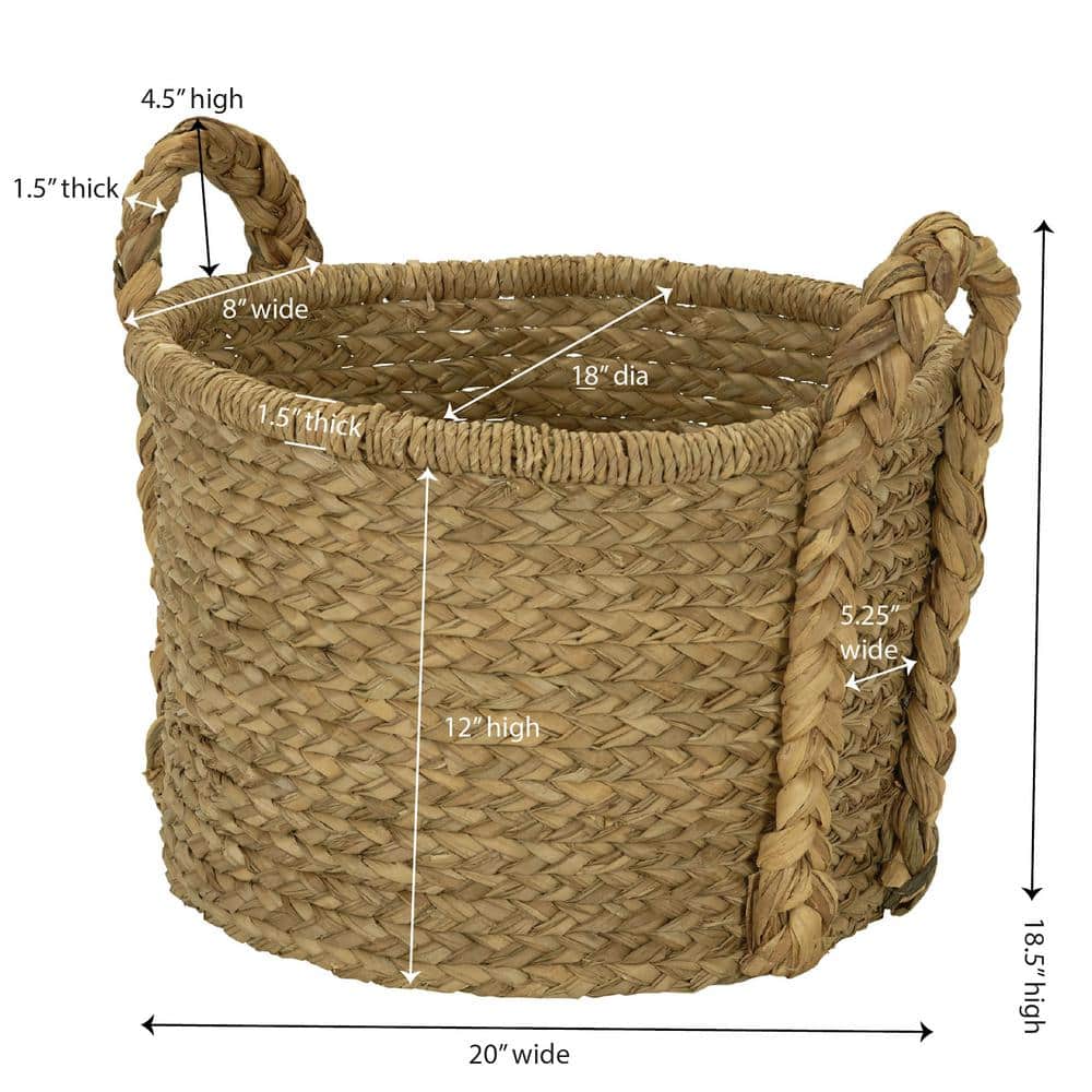 Handwoven Water Hyacinth Round Wicker Storage Basket with Braided Handles