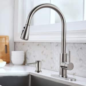 Single Handle Pull Down Sprayer Kitchen Faucet with Soap Dispenser in Brushed Nickel