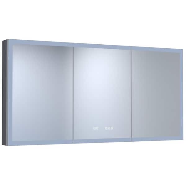 60 in. W x 30 in. H Large Rectangular Silver Aluminum Recessed/Surface Mount Left Medicine Cabinet with Mirror LED