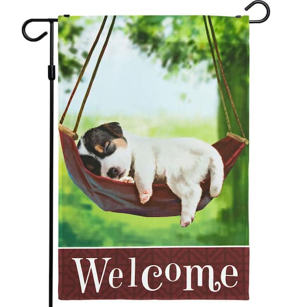G128 1 ft. x 1.5 ft. Polyester Welcome Sleeping Puppy 2-Sided Garden Flag Printed Blockout