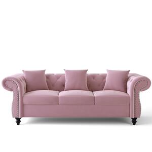 80 in. Pink Velvet Upholstered 2-Seater Loveseat With Nailhead Decoration and 3 Pillows