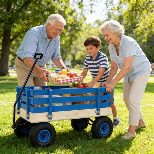 Flynama Blue Wooden Kids Pull Wagon with Removable Side Rails All