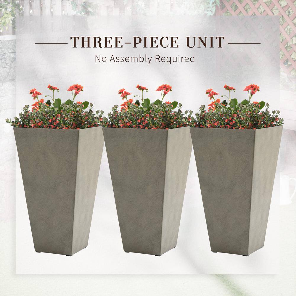 Set of 3 Tall Gray Polypropylene Square Planters with Drainage Hole