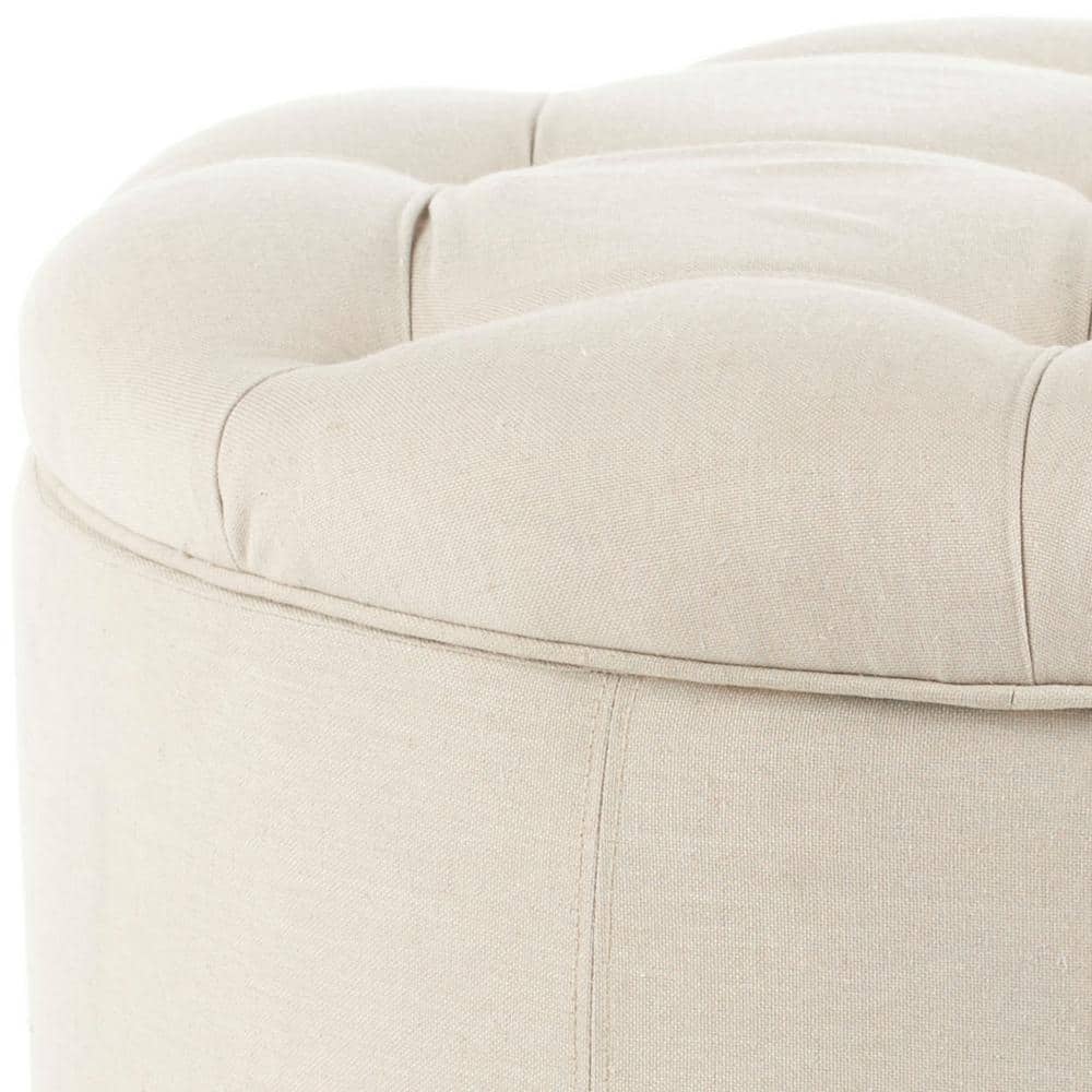 Luxurious Tufted Linen Round Storage Ottoman in Off-White