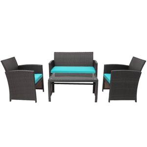 4-Piece Wicker Patio Conversation Set with Turquoise Cushions