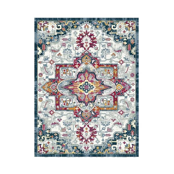 Ottomanson Ottohome Collection Non-Slip Rubberback Modern Medallion 5x7 Indoor Area Rug, 5 ft. x 6 ft.6 in., Blue/Off White