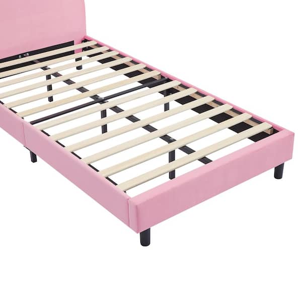 Upholstered Twin Daybed Frame for Kids, Pink Twin Platform Bed with Carton Ears Shaped Headboard
