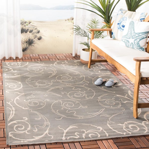 Courtyard Gray/Natural 8 ft. x 8 ft. Square Border Indoor/Outdoor Patio  Area Rug