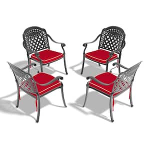 Black Stackable Cast Aluminum Patio Outdoor Dining Chairs with Random Color Seat Cushions (Set of 4)