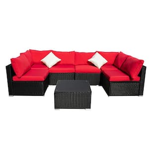 Black 7-Piece Rattan Patio Outdoor Furniture Set With Coffee Table and Red Cushions
