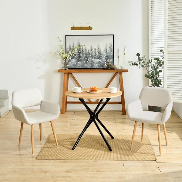 MFTY 3-Piece Modern Style Dining Set-Oak Wood Round Table with Black Metal Frame and 2-Breathable Beige Fabric Armchairs