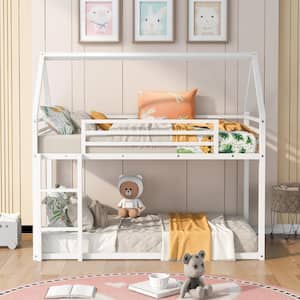White Twin-Over-Twin Metal House Bunk Bed with Convertible Ladder, Metal Low Bunk Bed with House Shape and Roof