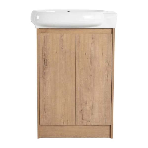 Ziyudura 23 in. Single Sink Freestanding Oak Bath Vanity with White Ceramic Top (Assembled), 2 Soft Closing Door