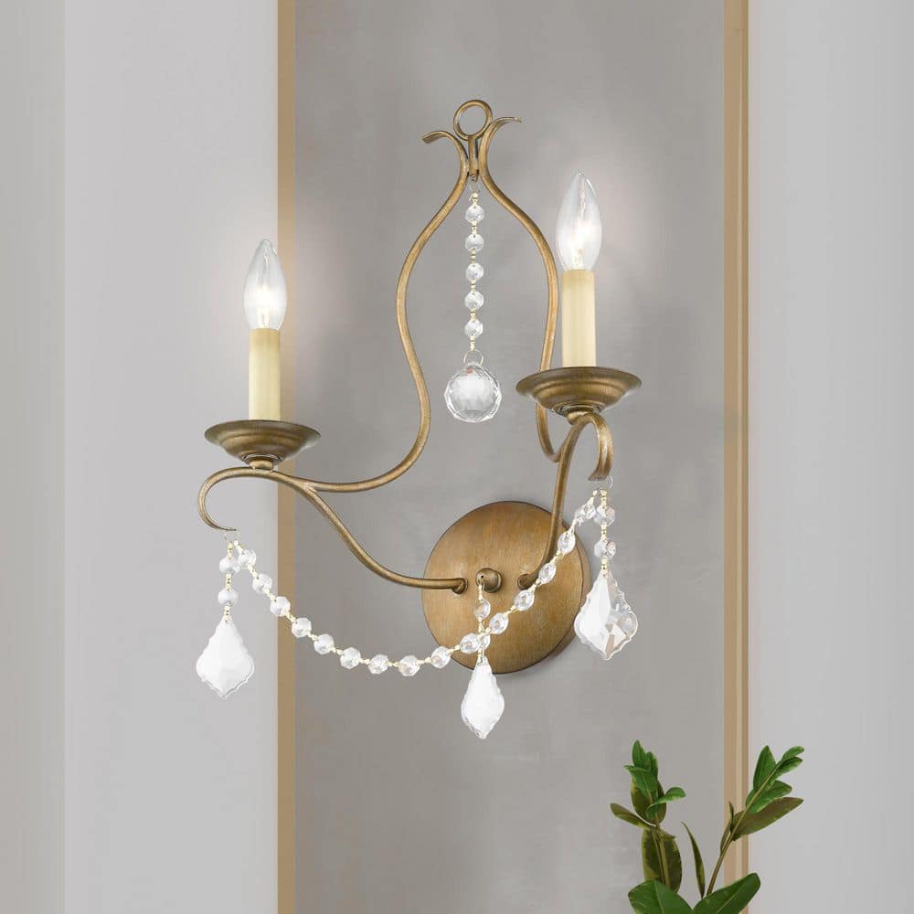 Elegant Antique Gold Leaf Dual-Light Wall Sconce with Crystal Accents